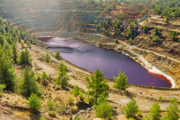 Reforestation of surface mining area. Pine trees growing on terraces of old copper mine in Mitsero, Cyprus
