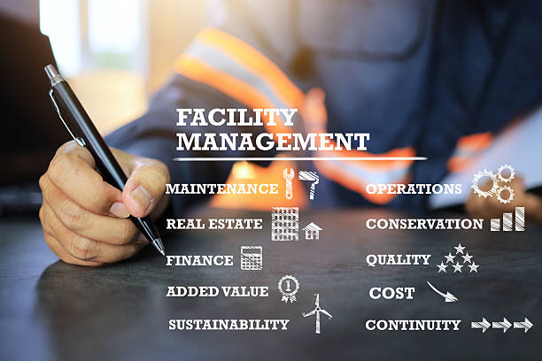 Facility management concept with technician writing the wording on top of the table for management icon relate with such as cost reduction, maintenance, sustainability and quality of service.