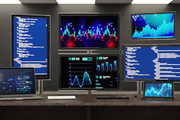 Multiple Monitors Showing Code and Data Visualizations. 3D Render